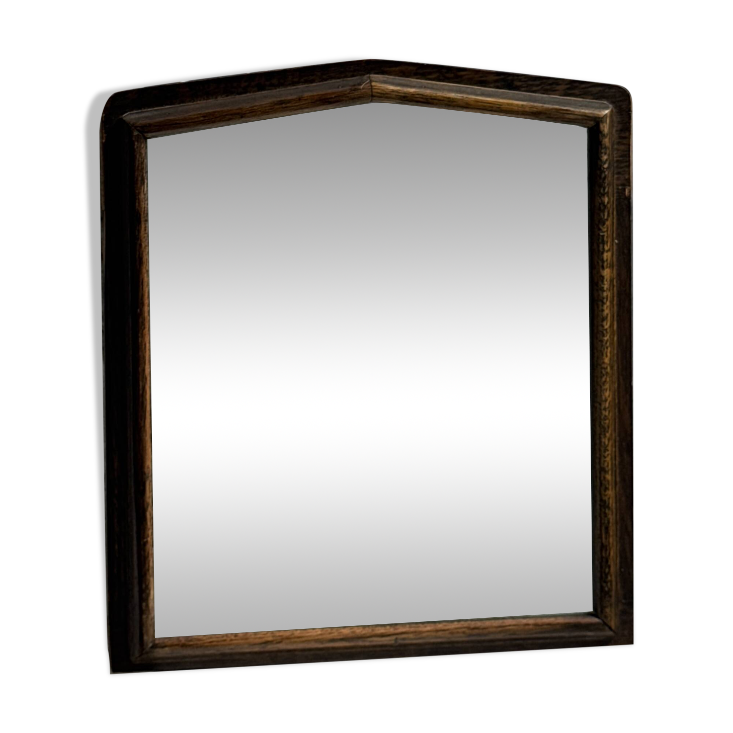 Small antique English rectangular mirror with pediment and oak frame