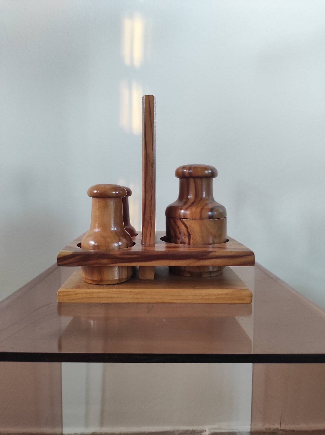 Vintage olive wood condiment service