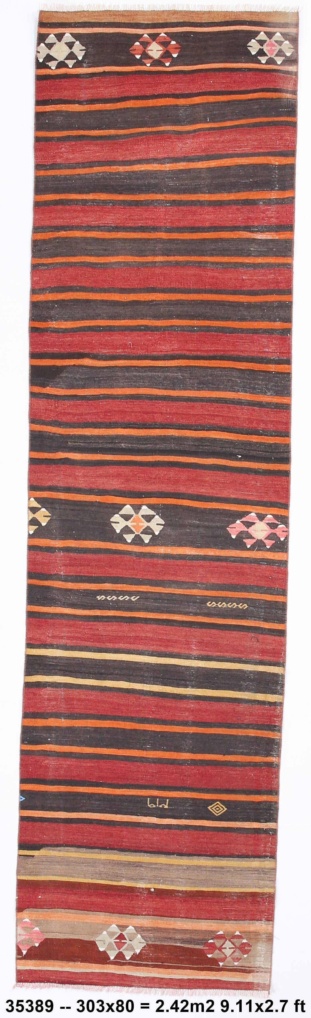 3x10 Red Brown Kilim Runner Rug 80x303Cm