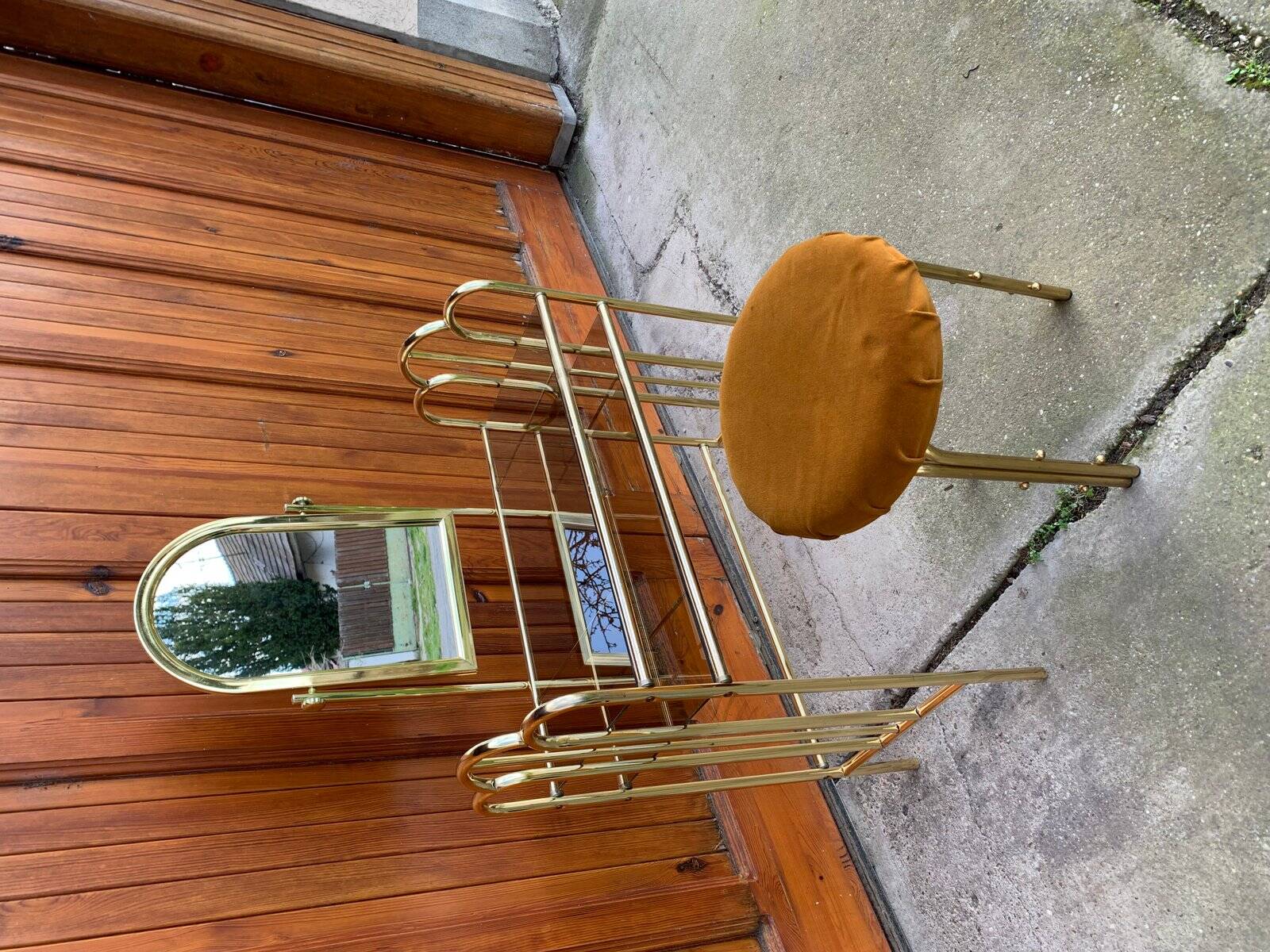 Vintage brown brass dressing table with mirror and matching stool, 1950s - set of 2