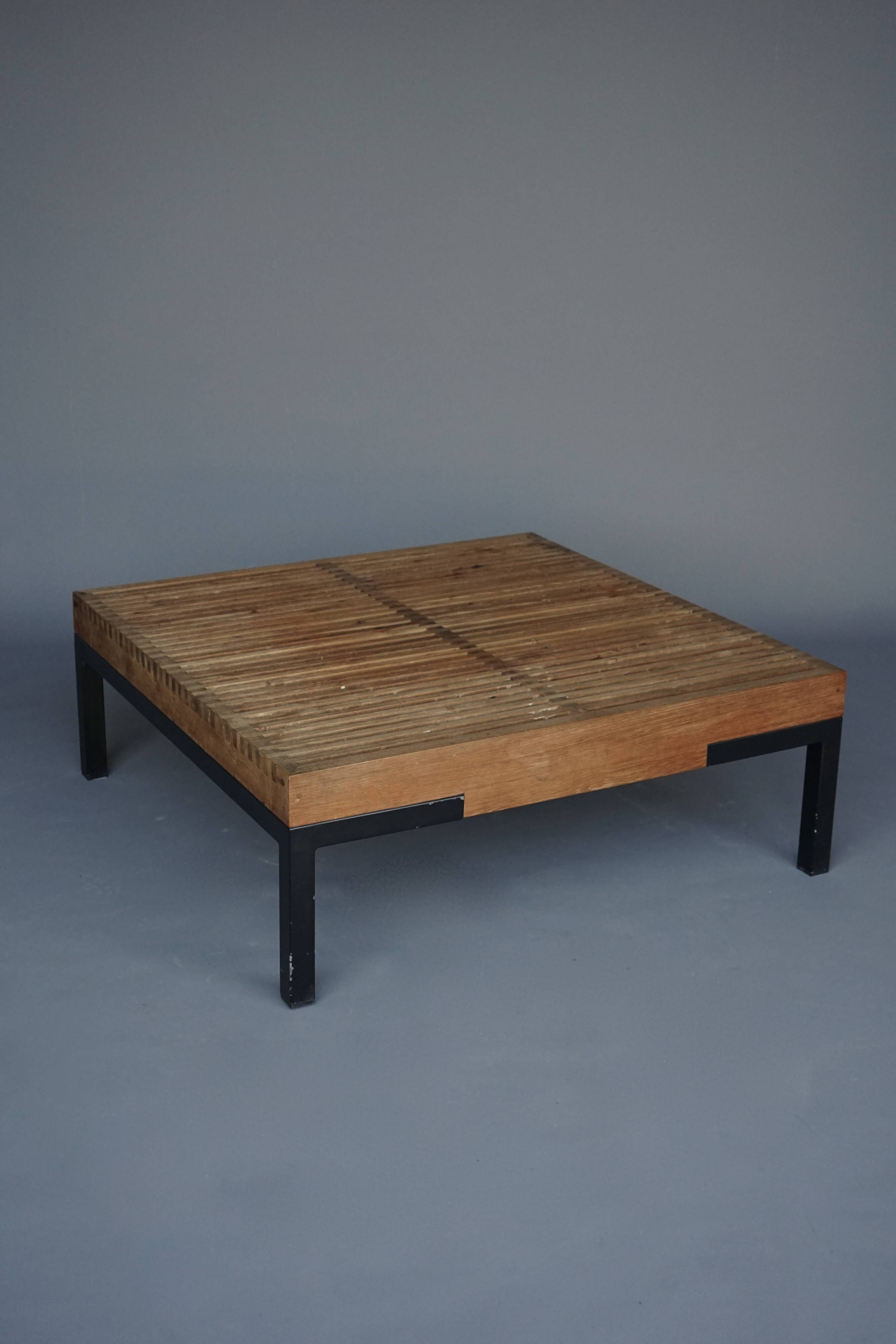 Table basse vintage à lattes en teck et métal, 1960