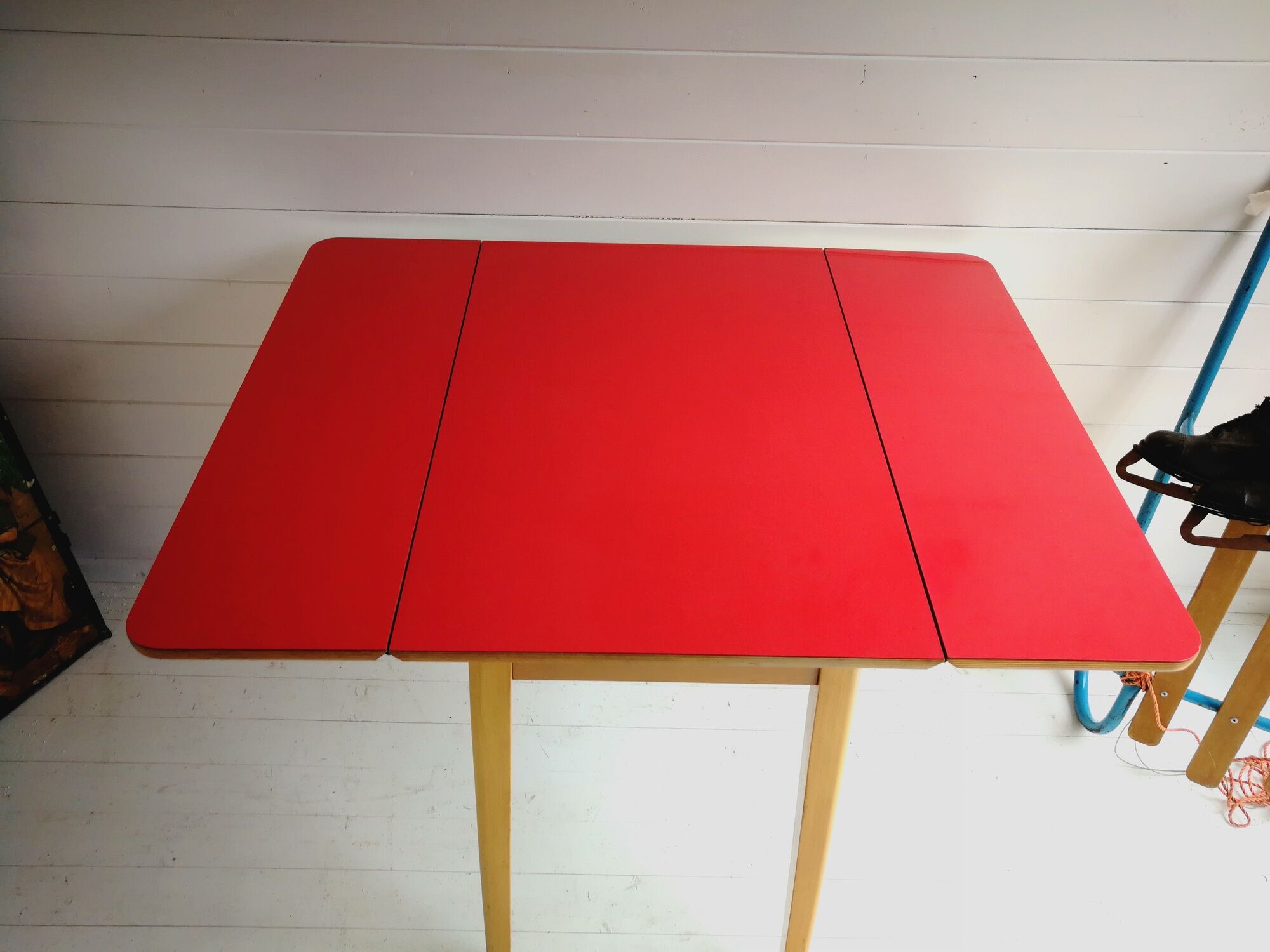 Original 1960’S Red Formica Drop Leaf Dining Table With Wooden Legs, Vintage, Retro, Mid Century, Ki