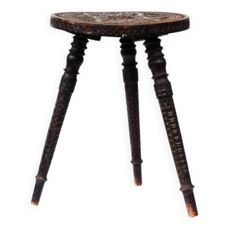 Chip Carved Ebonized Carved Wood Russian Milking Stool late 19th century