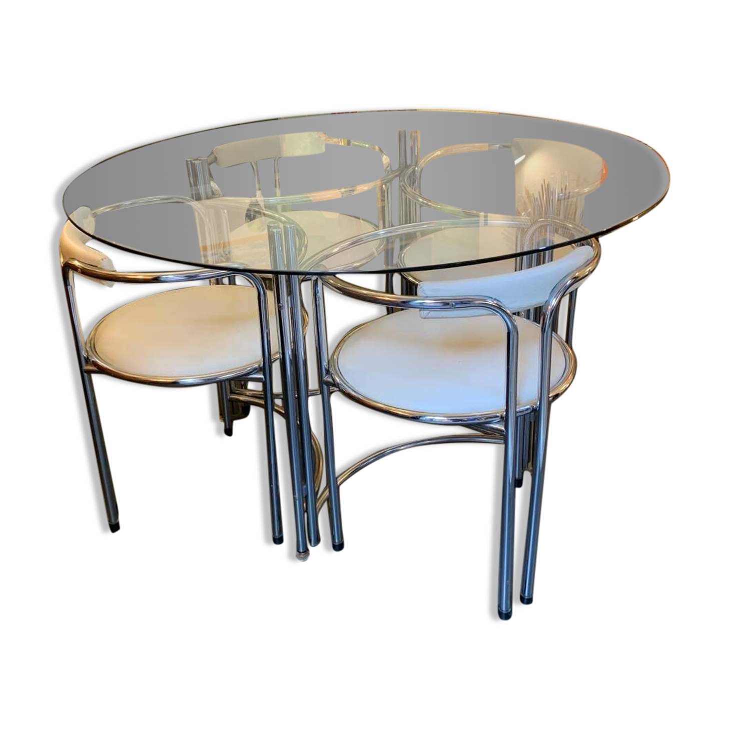 Ensemble table et chaises chrome et verre