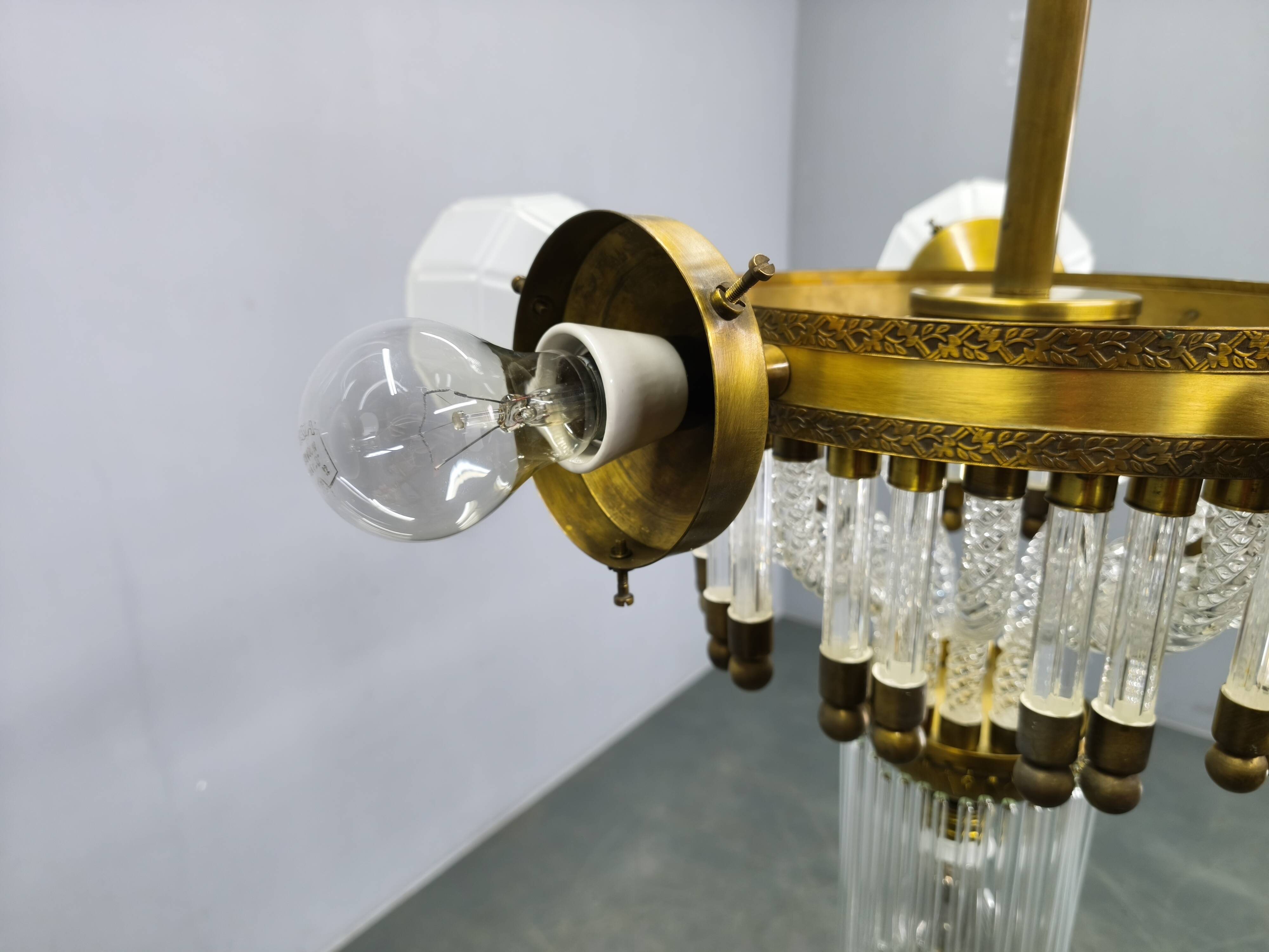 Czech Art Deco Brass and Glass Chandelier, 1950s