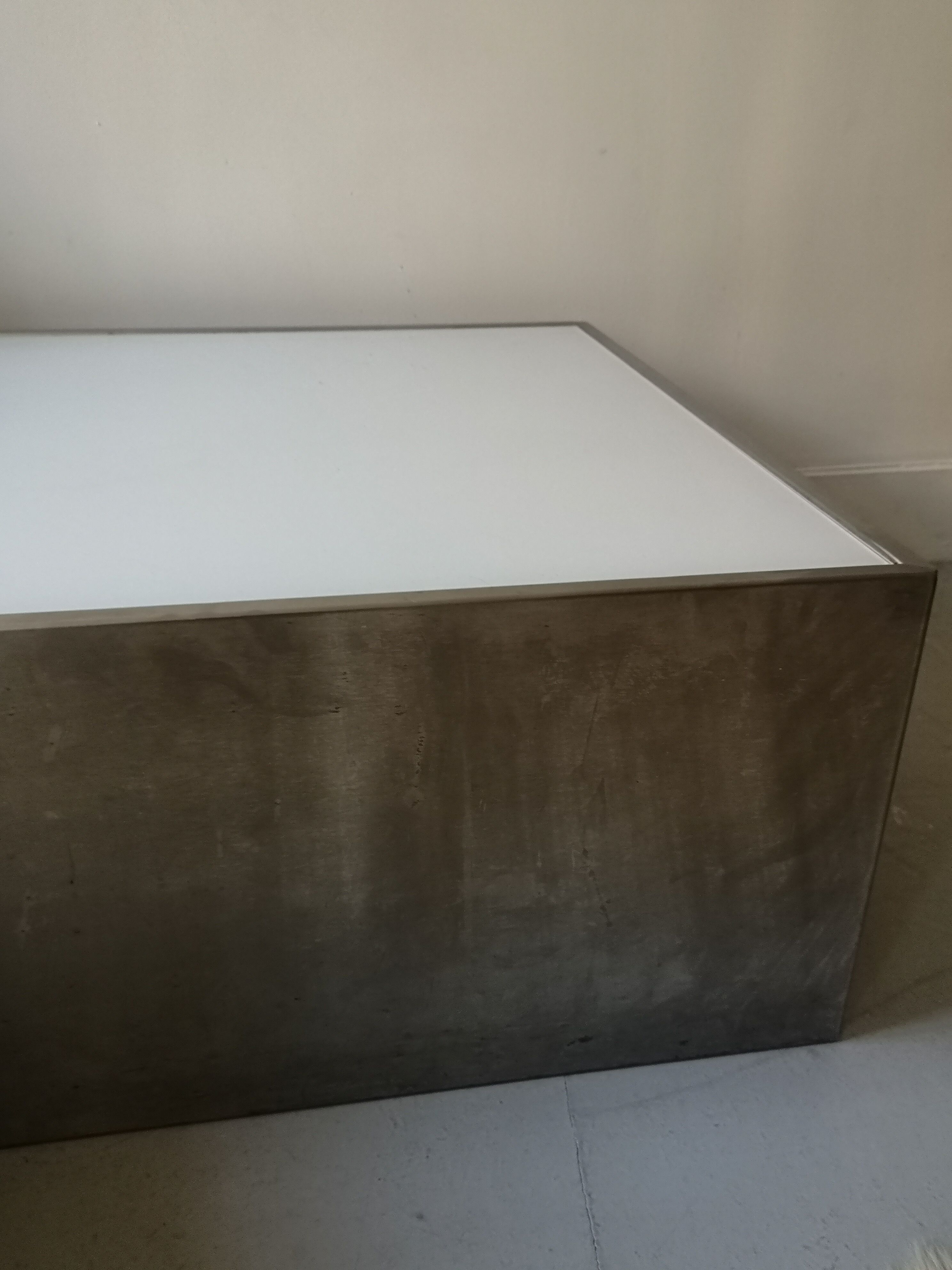 Square block coffee table white glass and metal, cube design 1970