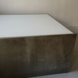 Square block coffee table white glass and metal, cube design 1970