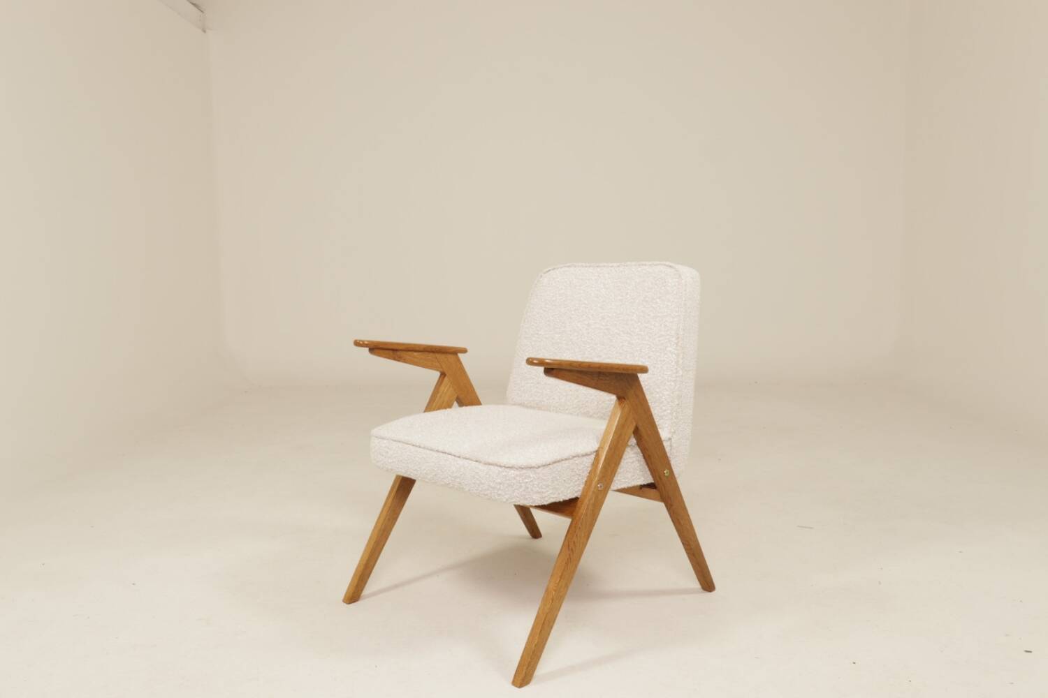 Vintage armchair rustic oak pearl bouclé concluded by Chierowski