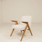 Vintage armchair rustic oak pearl bouclé concluded by Chierowski