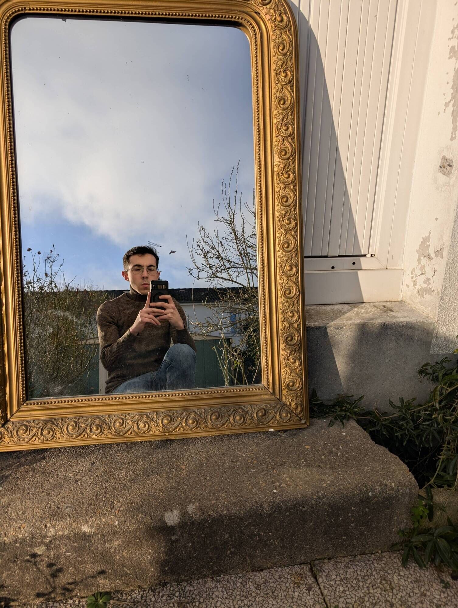 Louis Philippe Mirror 104x73 Wood and Gilded Stucco with Baroque Decor Late 19th Century