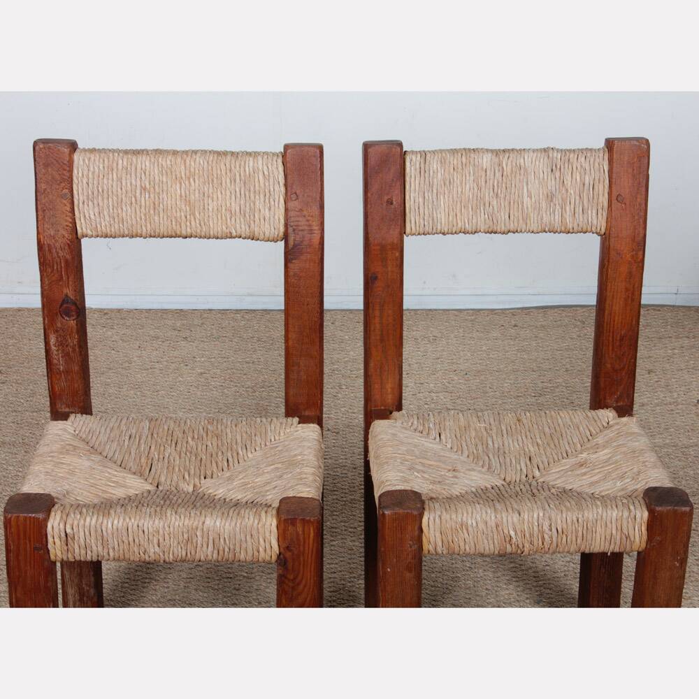 Set of 4 straw-seated wooden chairs, 1950.
