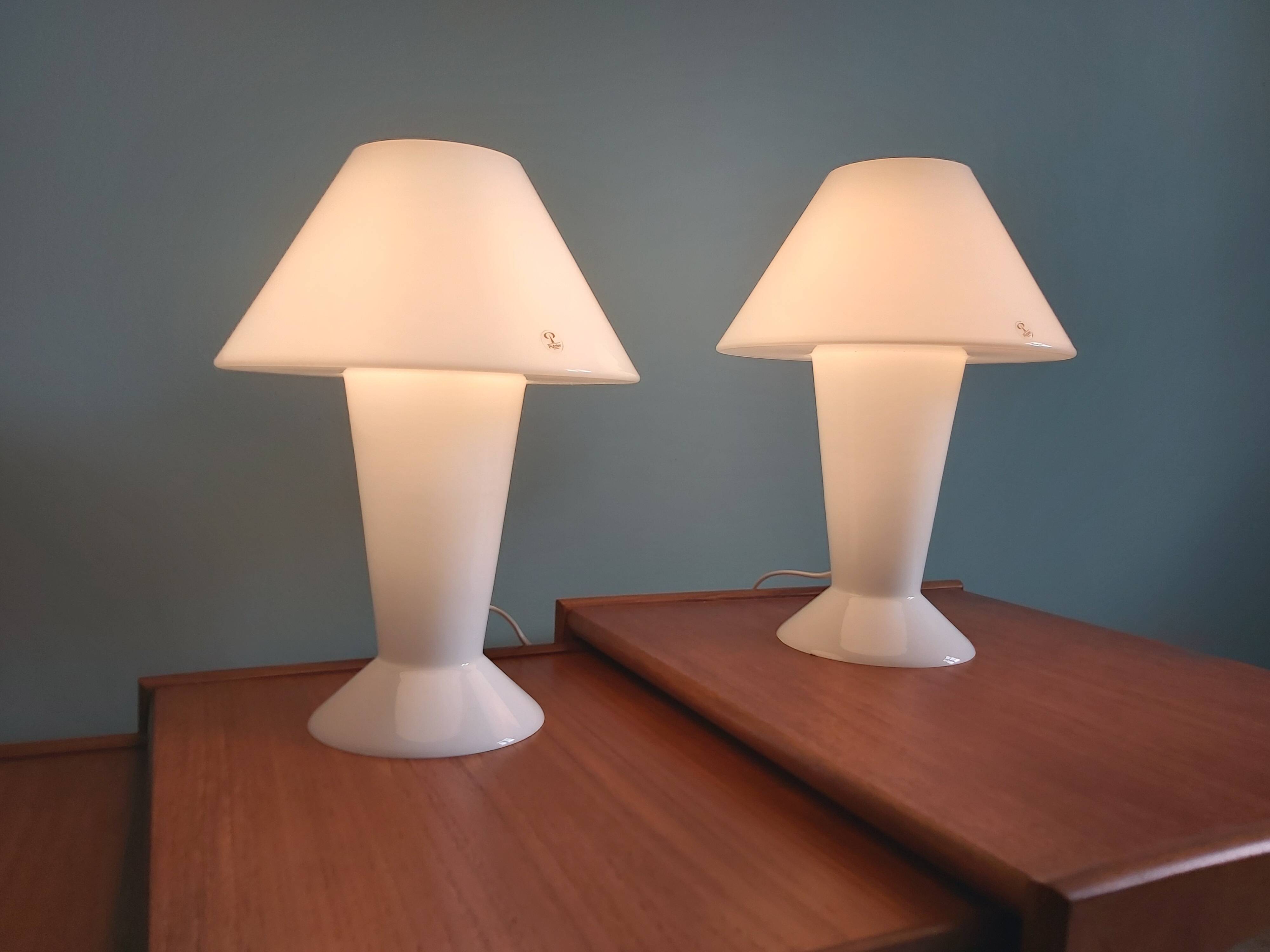 Pair of Peill & Putzler mushroom lamps in white opaline