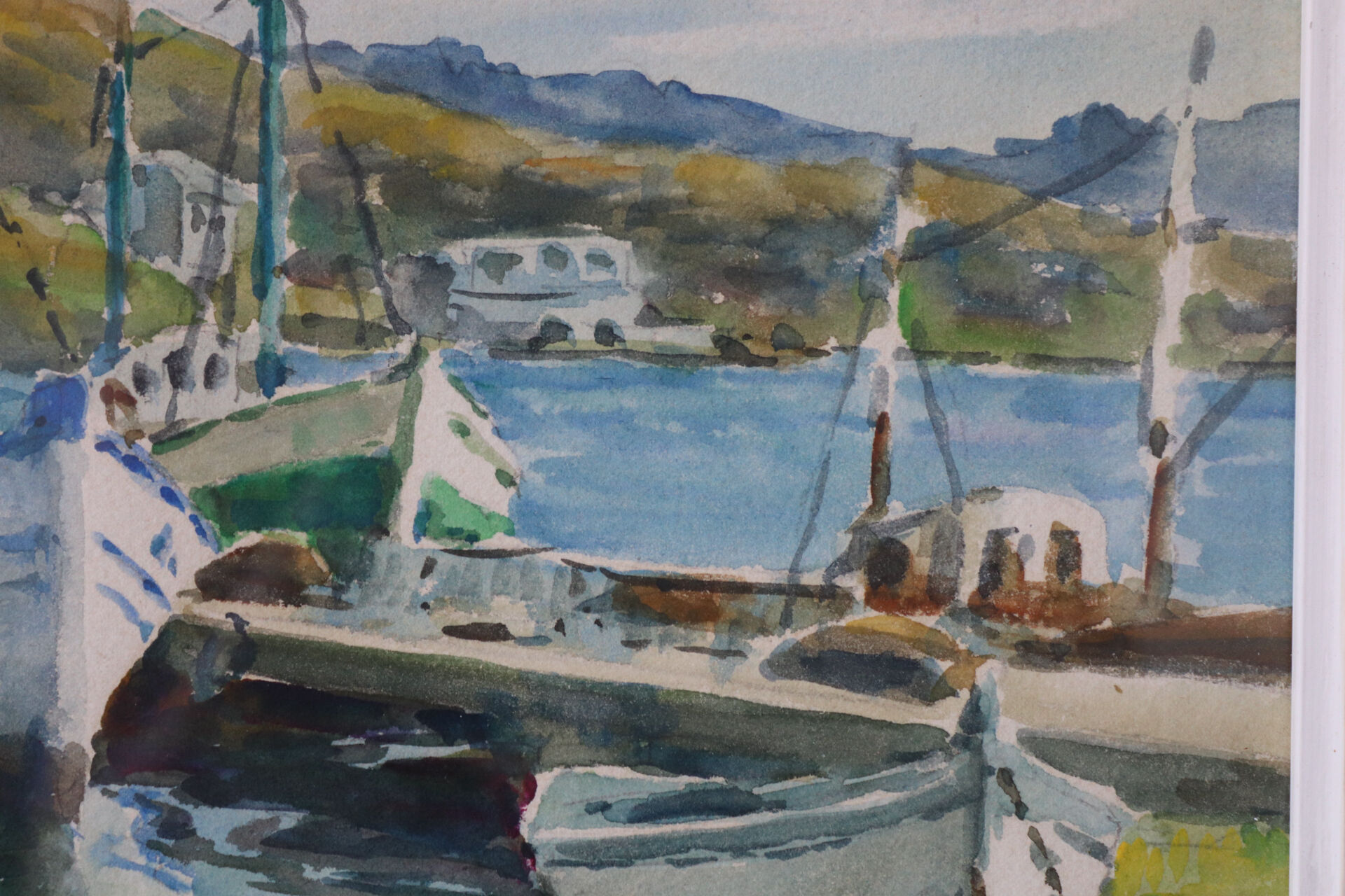 Watercolour painting "Trawlers at Anchor – Port-Vendres" signed Loui