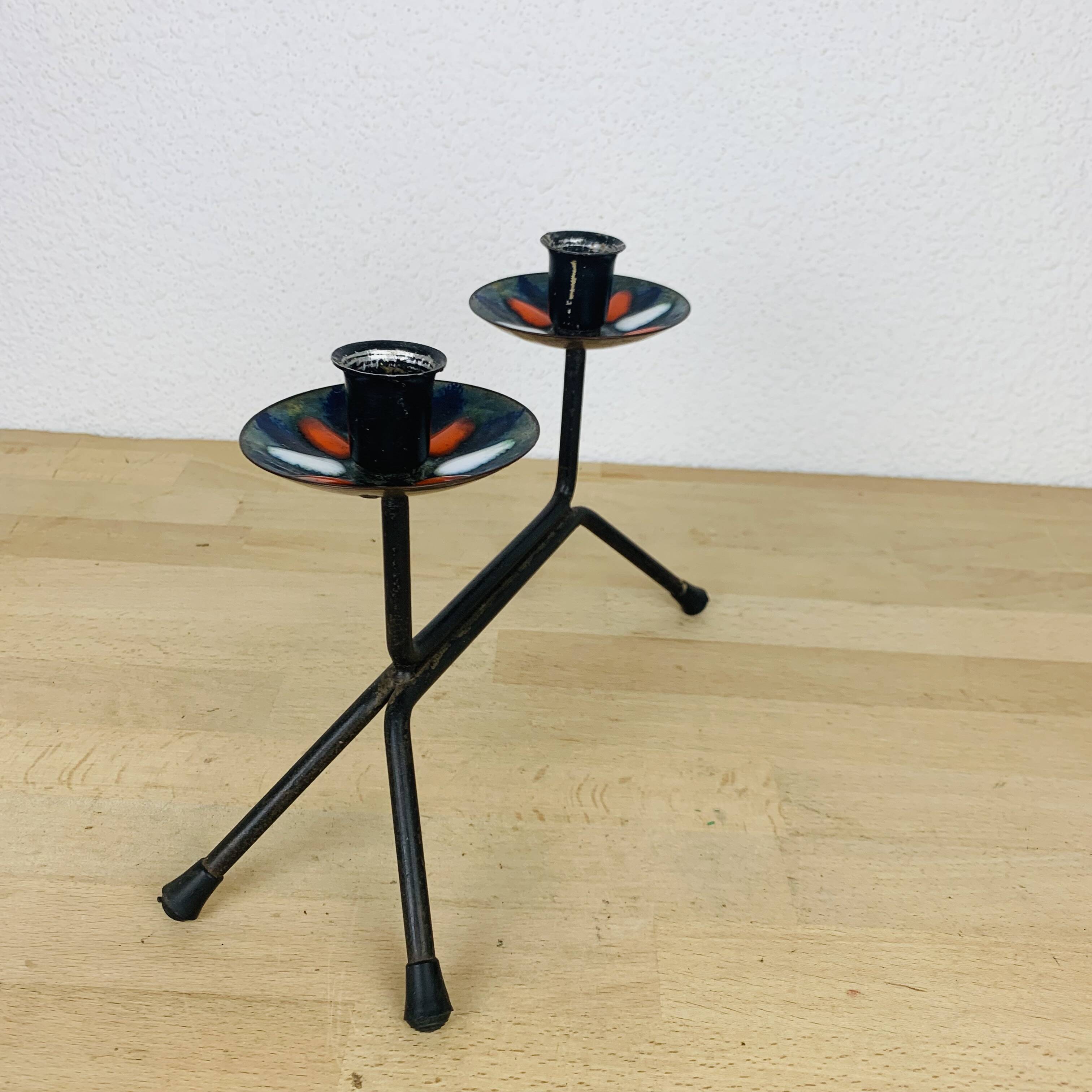 Vintage 50s iron candle holder, enameled signed