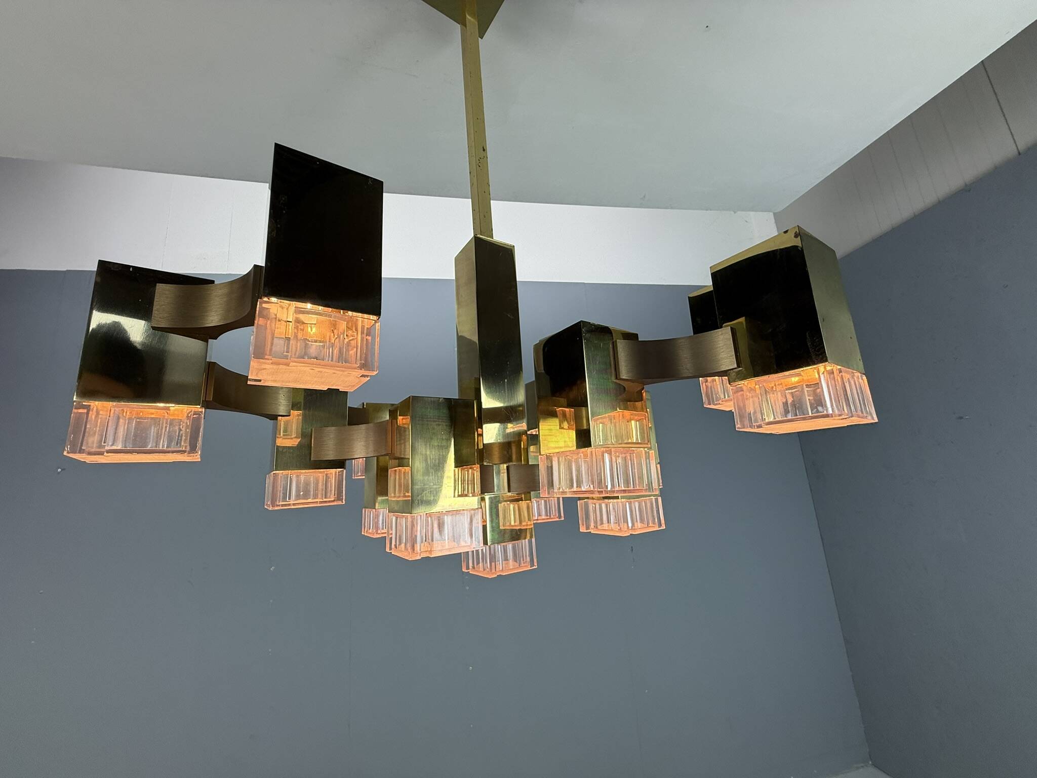 Lustre cubique Sciolari, 17 lumières, Italie des années 1970