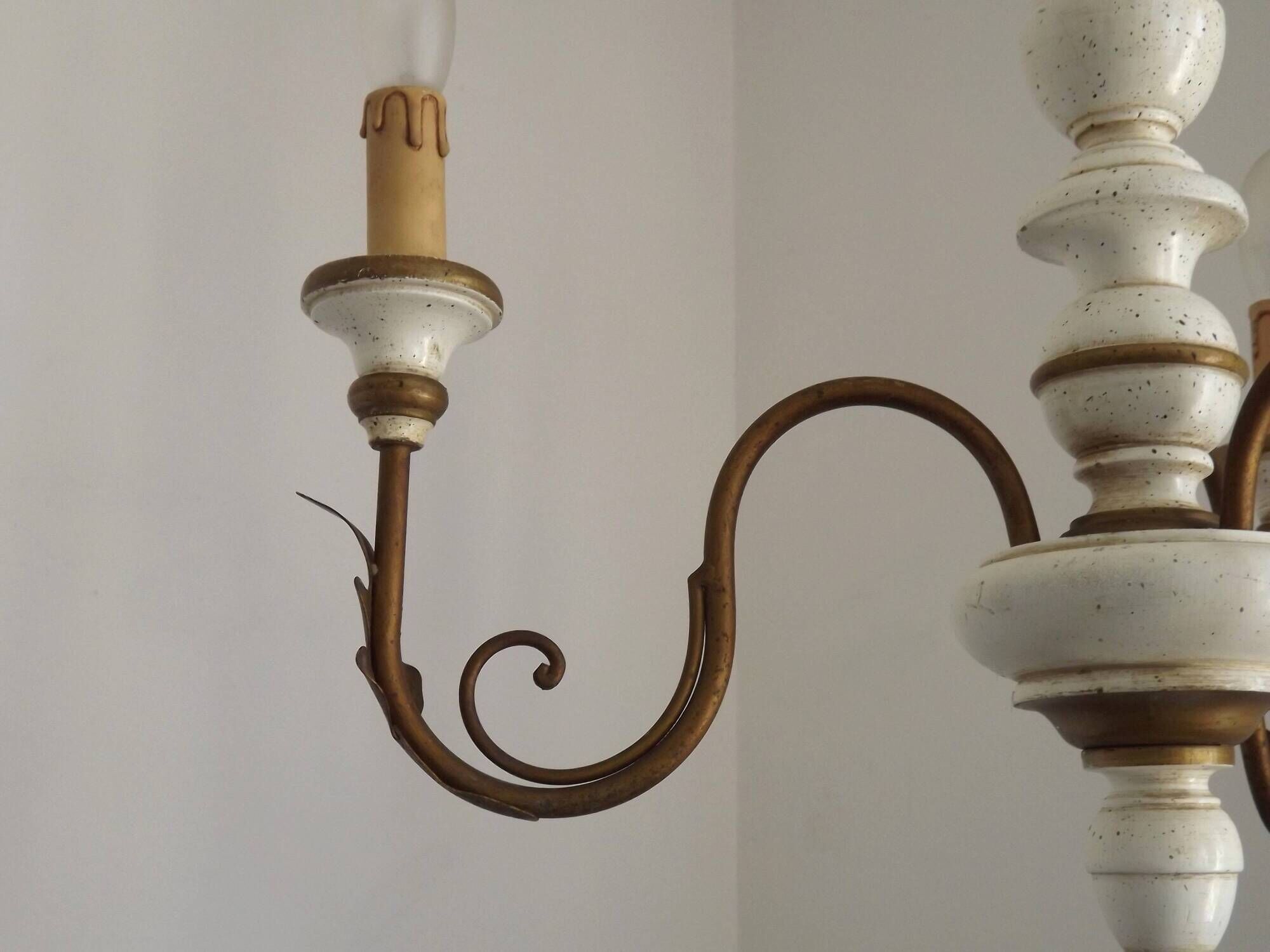 Vintage French 3-Light Chandelier White Wood & Bronzed Effect Metal