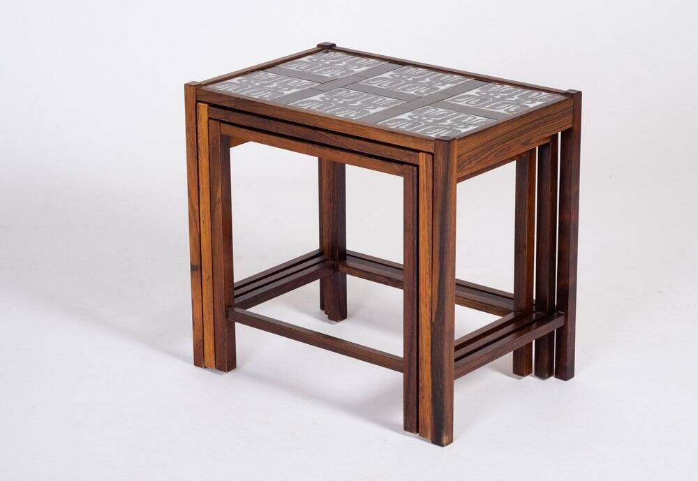 Nest of Tables in Rosewood with Tiles, Denmark, 1960s, Set of 3