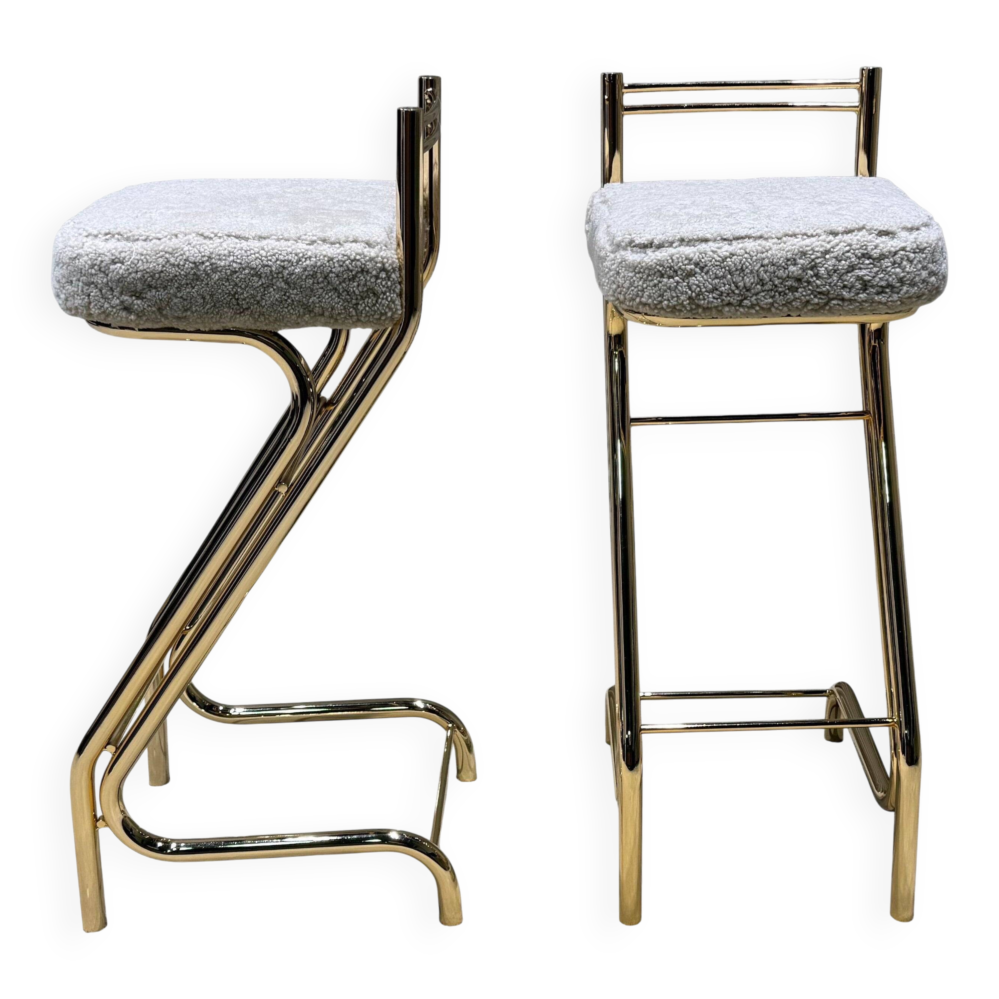 Mid-Century Modern Z Frame Bar Stools in Gold and Natural Shearling - Pair