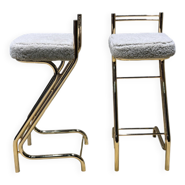 Mid-century modern Z bar stools in gold and natural shearling - Pair