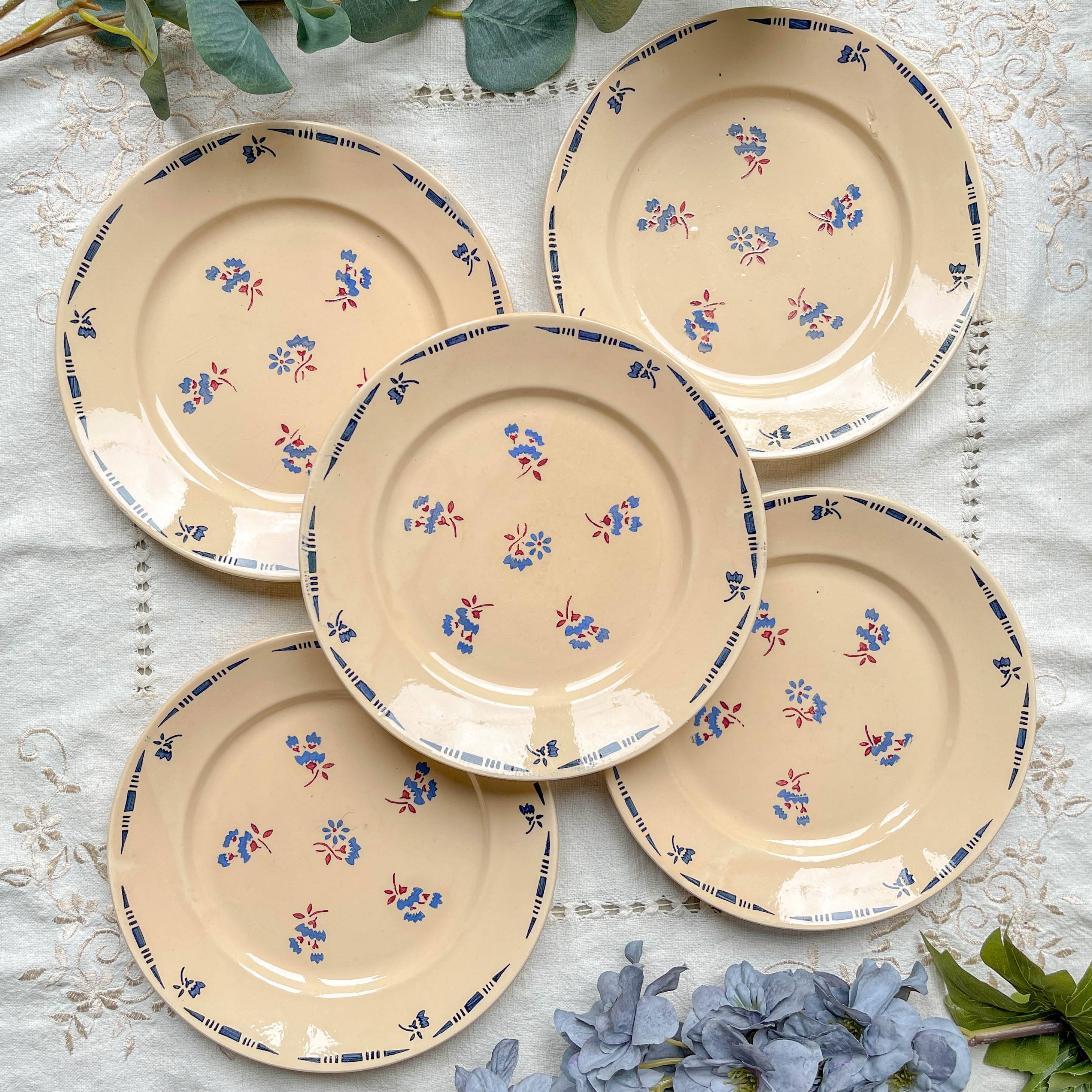 5 small vintage porcelain plates K&G Luneville "Flore" 1950s small blue flowers