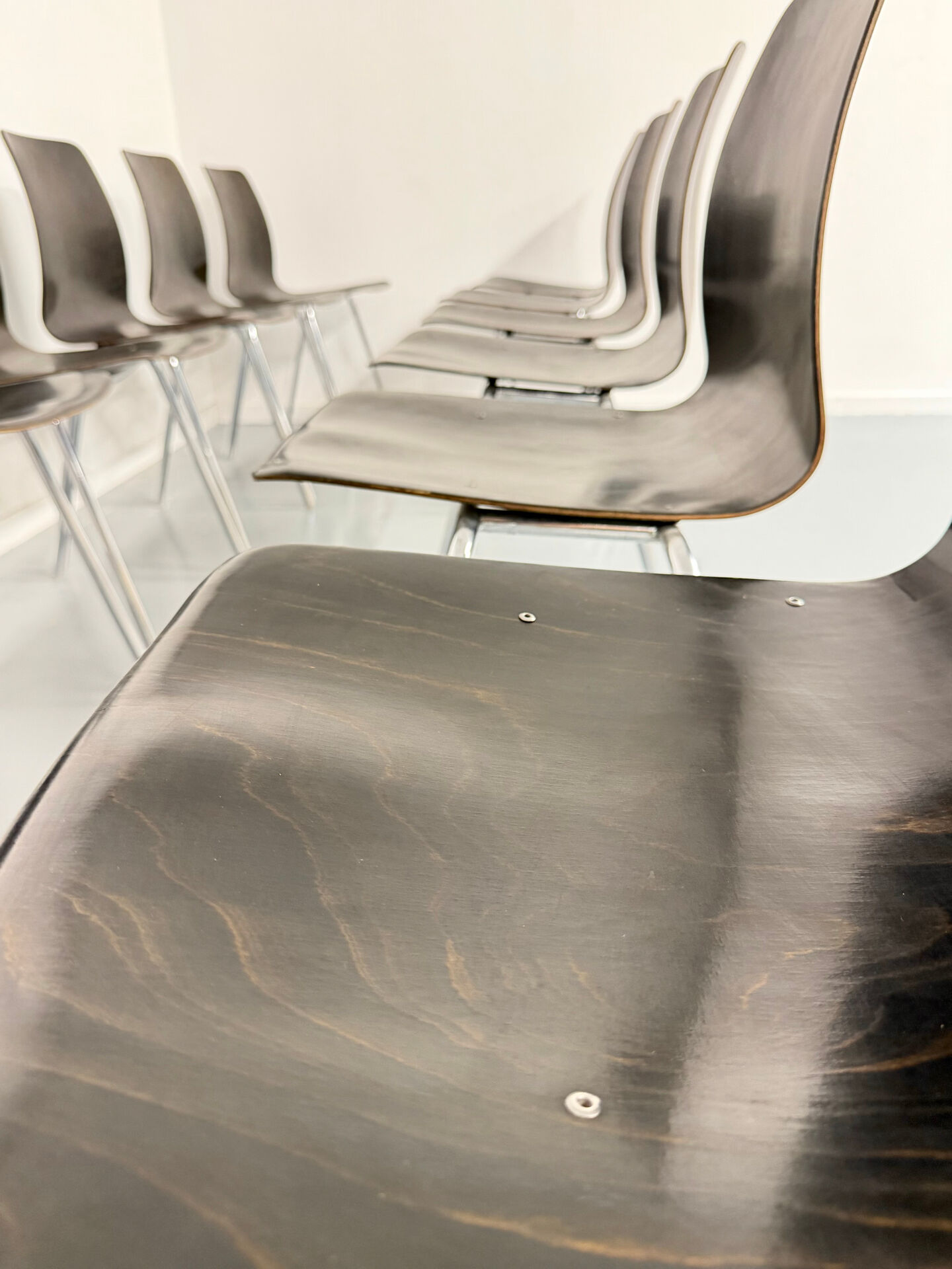 Set of 12 wooden and chrome chairs, Pagholz design from the 80s, vintage Pagwood.
