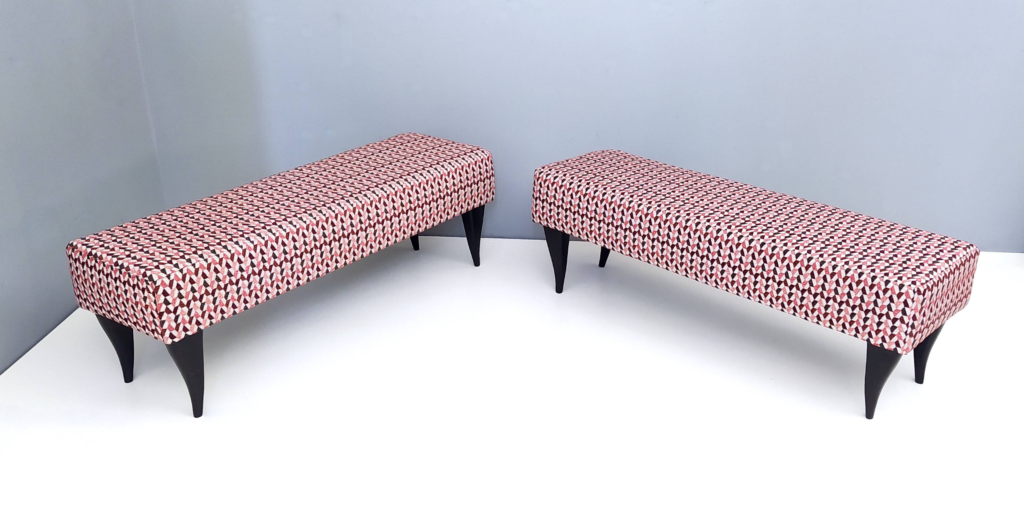 Pair of Benches with Red Patterned Fabric Upholstery, Italy