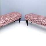 Pair of Benches with Red Patterned Fabric Upholstery, Italy