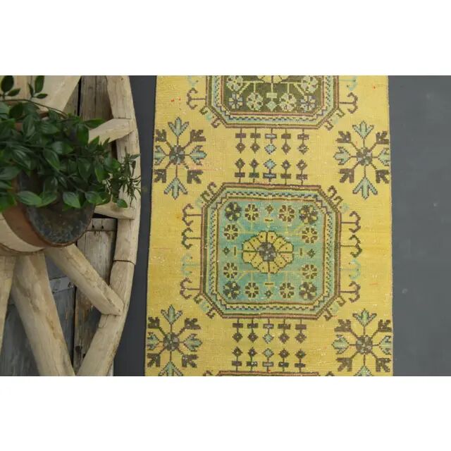 1970s Turkish Oushak Handmade Wool Cotton Yellow Runner 81x362