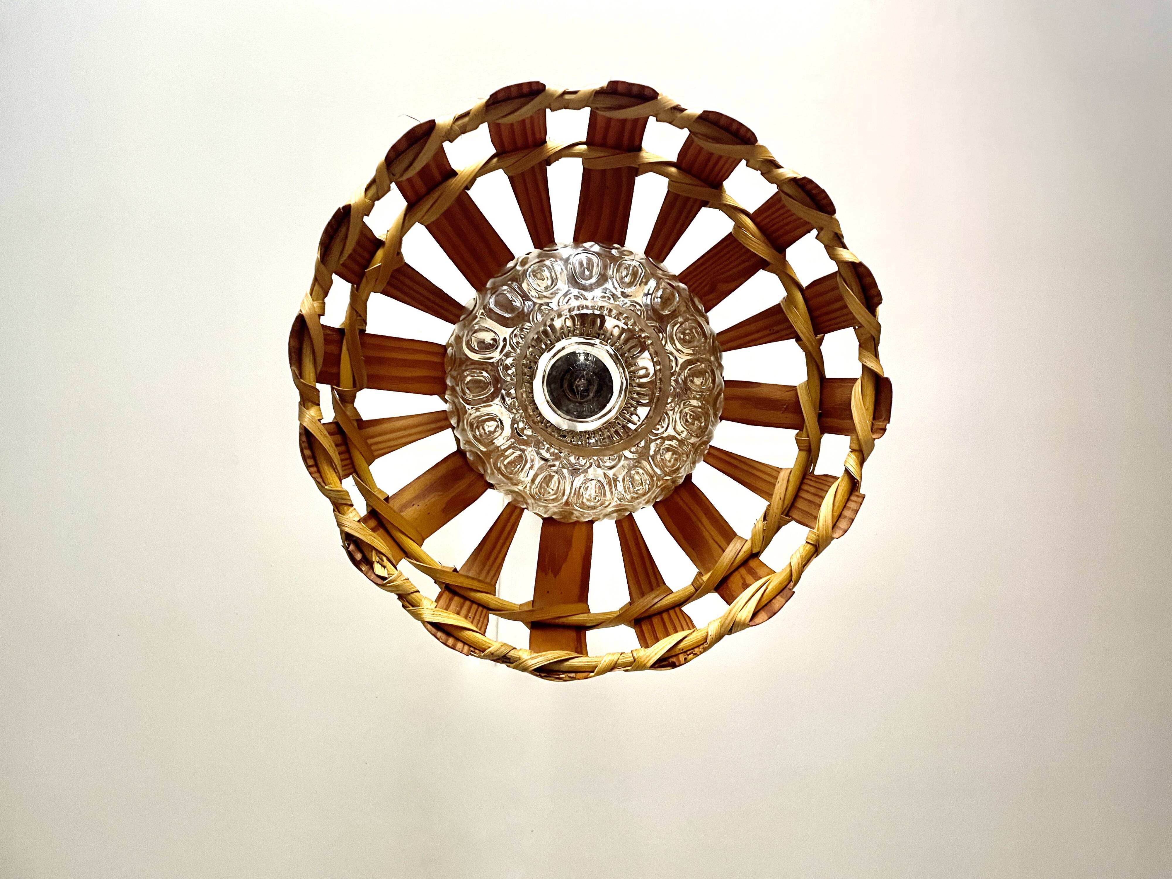 Scandinavian pendant light with wood veneer and bubble glass, 1970