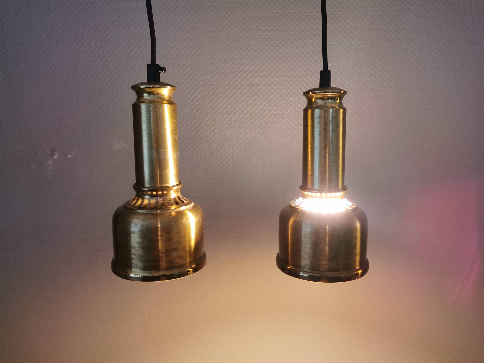 Two beautiful perforated brass hanging lamps, Danish and from the 1980s.