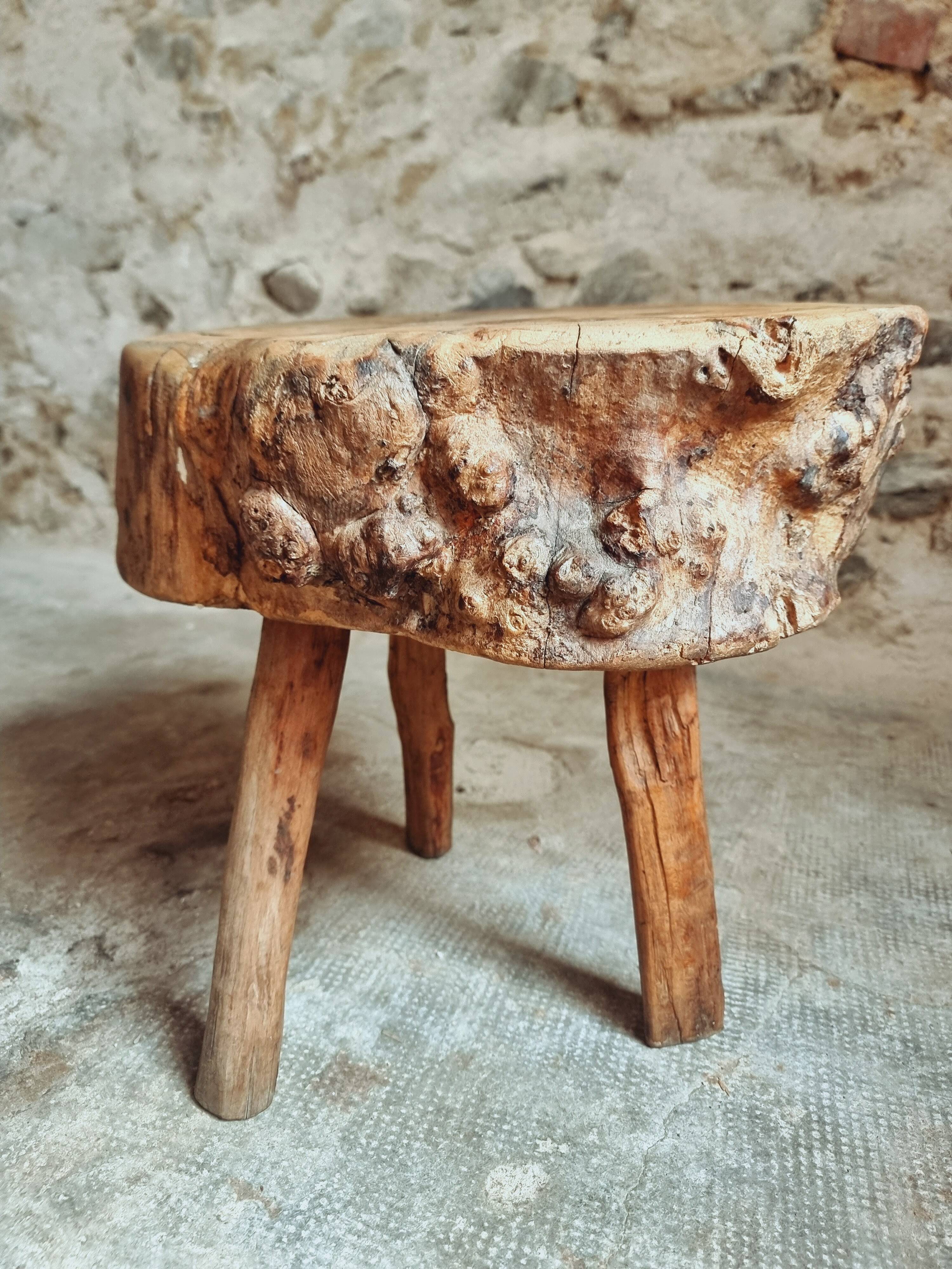 Brutalist stool in solid cherry wood – France circa 1900