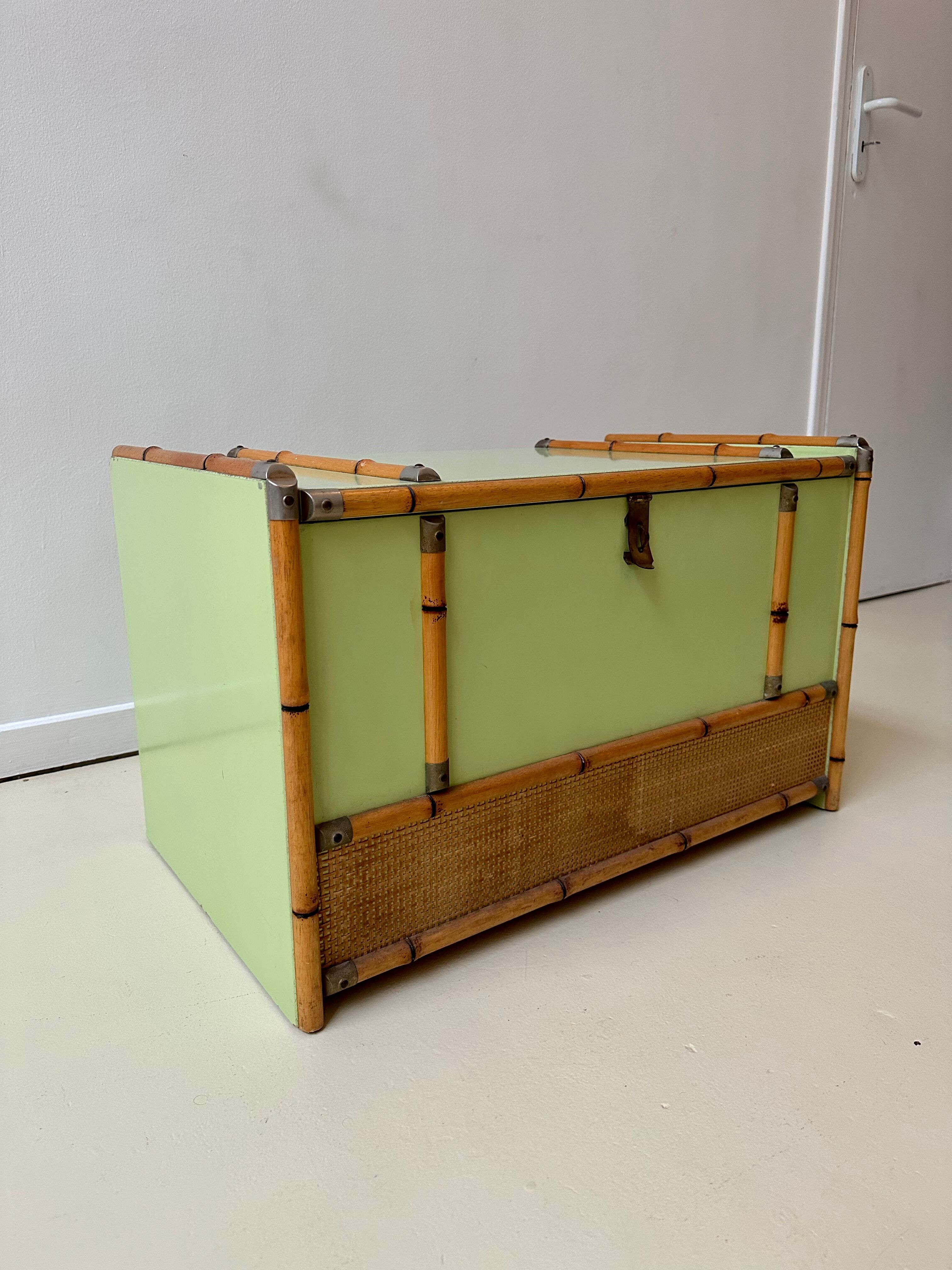 Gautier wooden, rattan and bamboo chest, 70s-80s