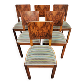 Set of six Art Deco dining chairs in walnut root veneer, 1940s.