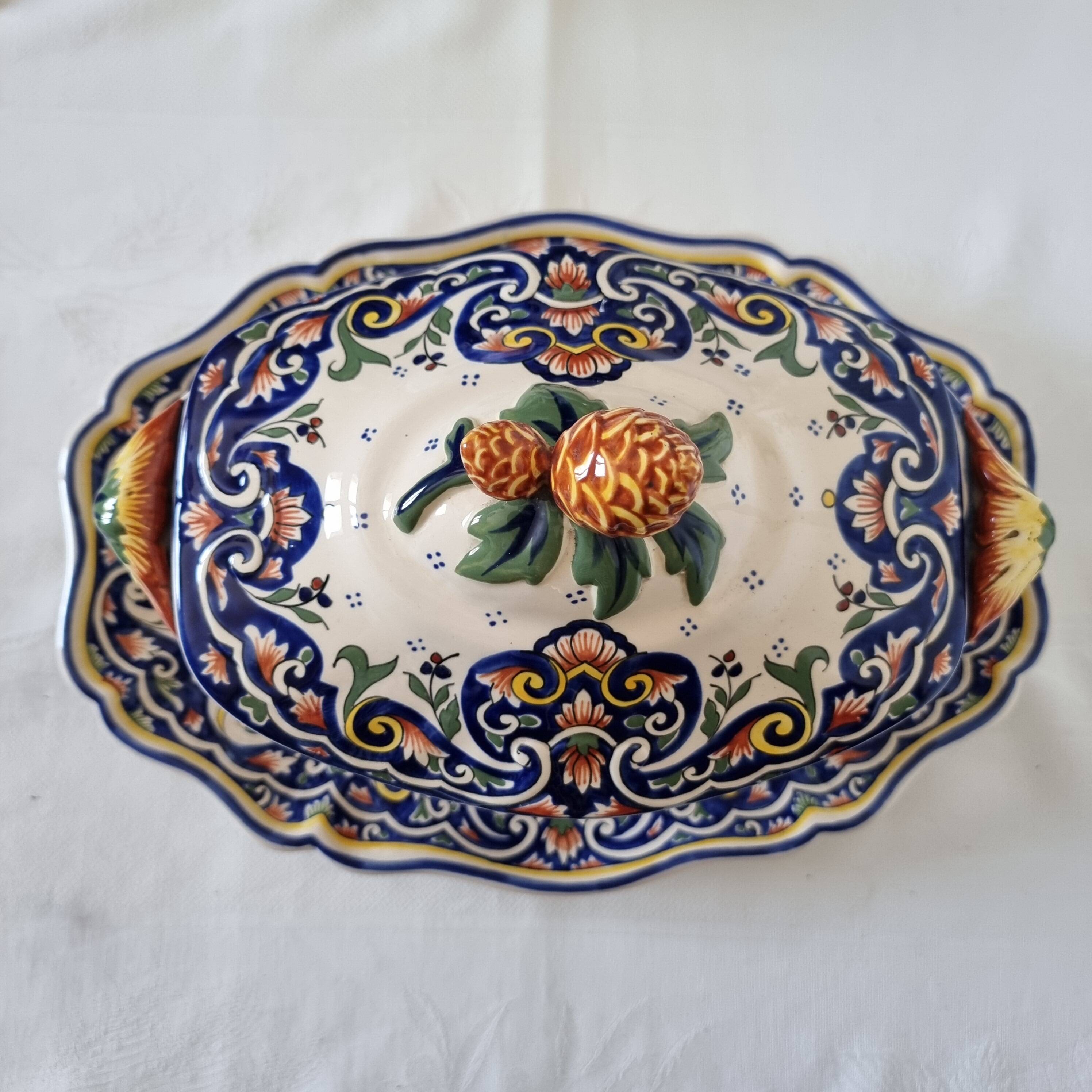Vintage Rouen porcelain soup tureen with underplate, hand-painted