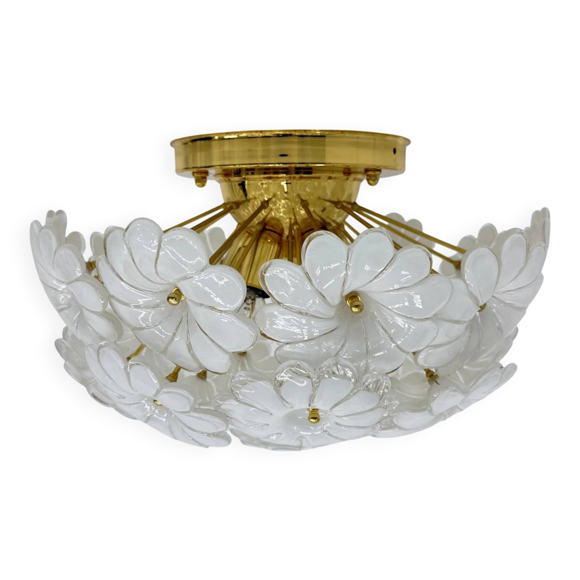Plafonnier floral en verre blanc de Murano, italien, des années 1970.