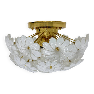 Plafonnier floral en verre blanc de Murano, italien, des années 1970.