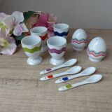 Set of 4 vintage colored egg cups with spoons, salt and pepper shakers