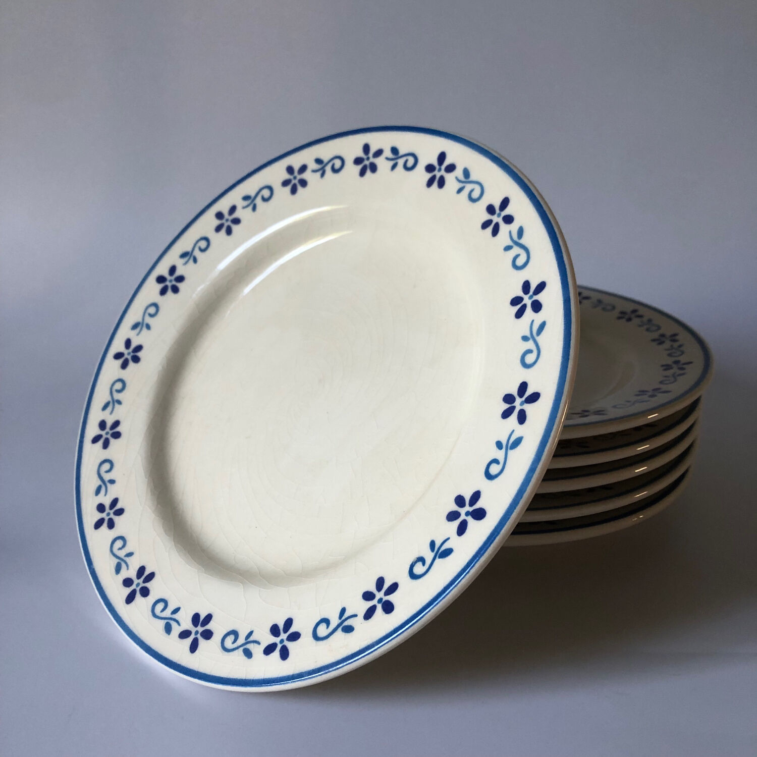 6 flat antique plates in blue white earthenware