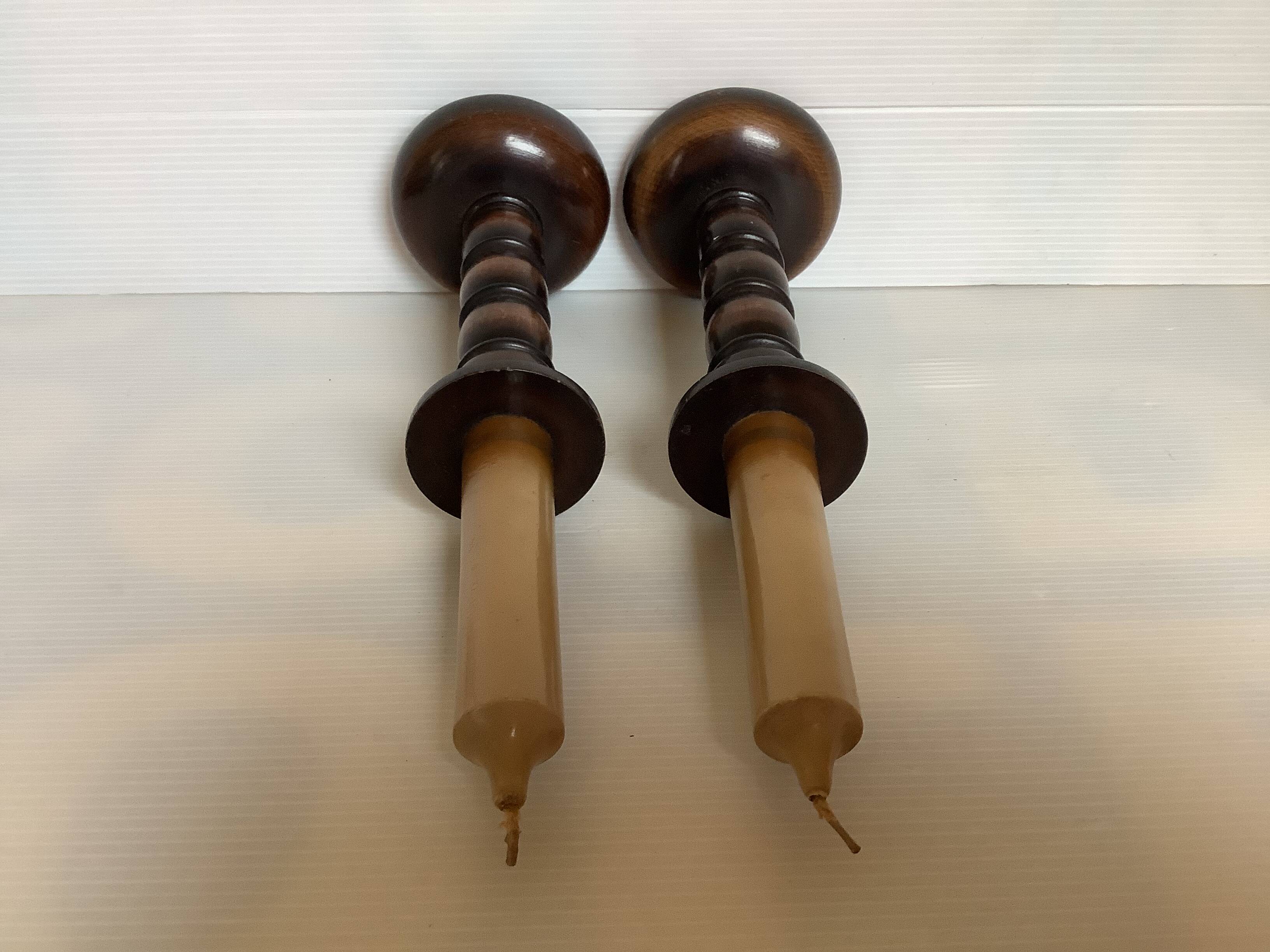 Pair of wooden candle holders artilux fake candles