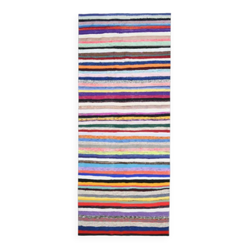 Tapis couloir vintage turc Oushak fait main en laine et coton bleu 142x347 des années 1970