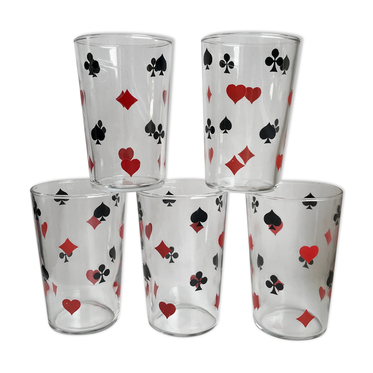 Set of 5 silkscreened water glasses "card game" vintage years 60s-70s