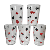 Set of 5 silkscreened water glasses "card game" vintage years 60s-70s