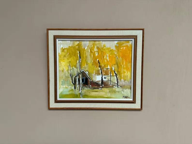 Original Swedish Oil on Canvas – "Houses and Trees in Autumn" by Pia H. Campbell
