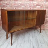 Renovated oak display cabinet with a bar on slanted legs