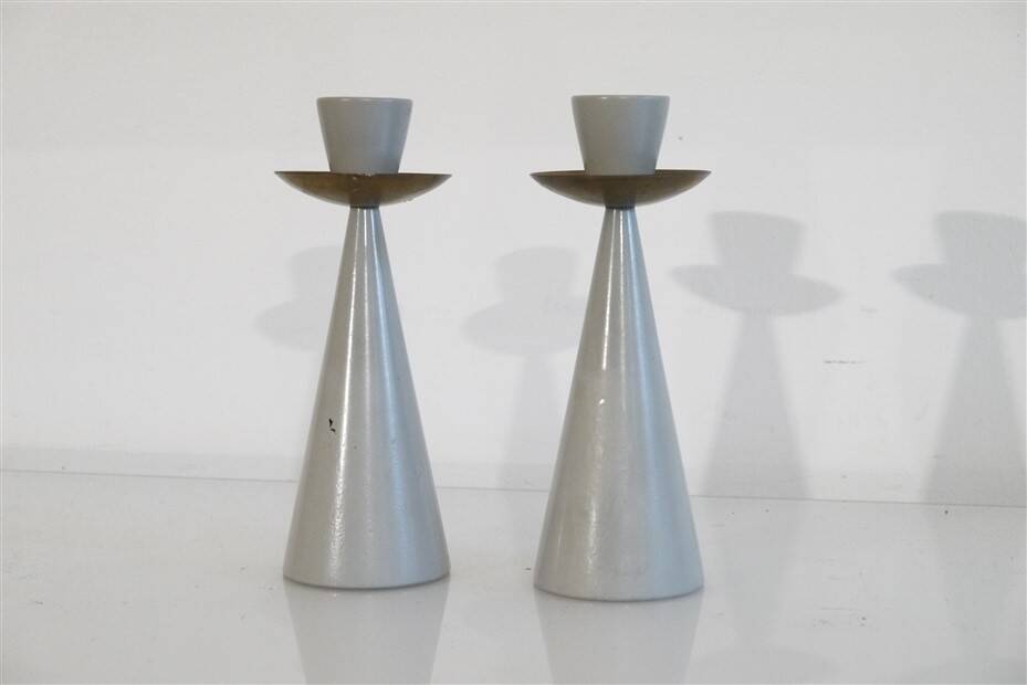 Pair of Swedish candlesticks in painted wood and brass