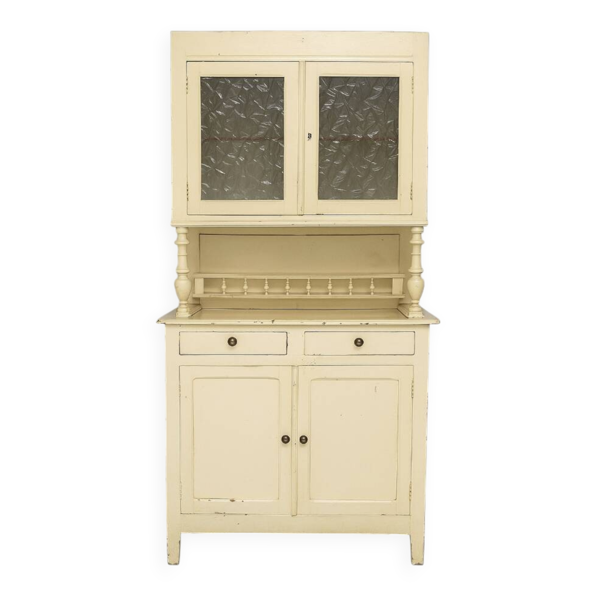Buffet vaisselier ancien en bois massif - patine beige crème