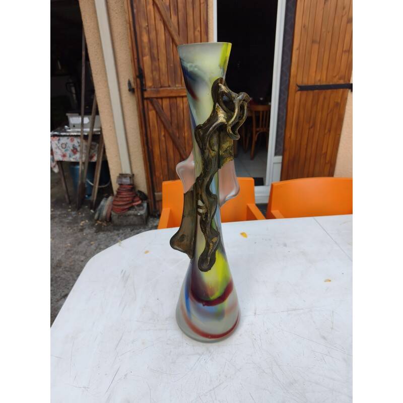 Vase in glass paste and bronze by F. Silviy