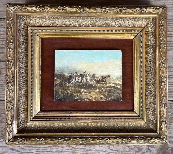 Scène de bataille orientaliste, huile sur panneau dans le goût de Georges Washington