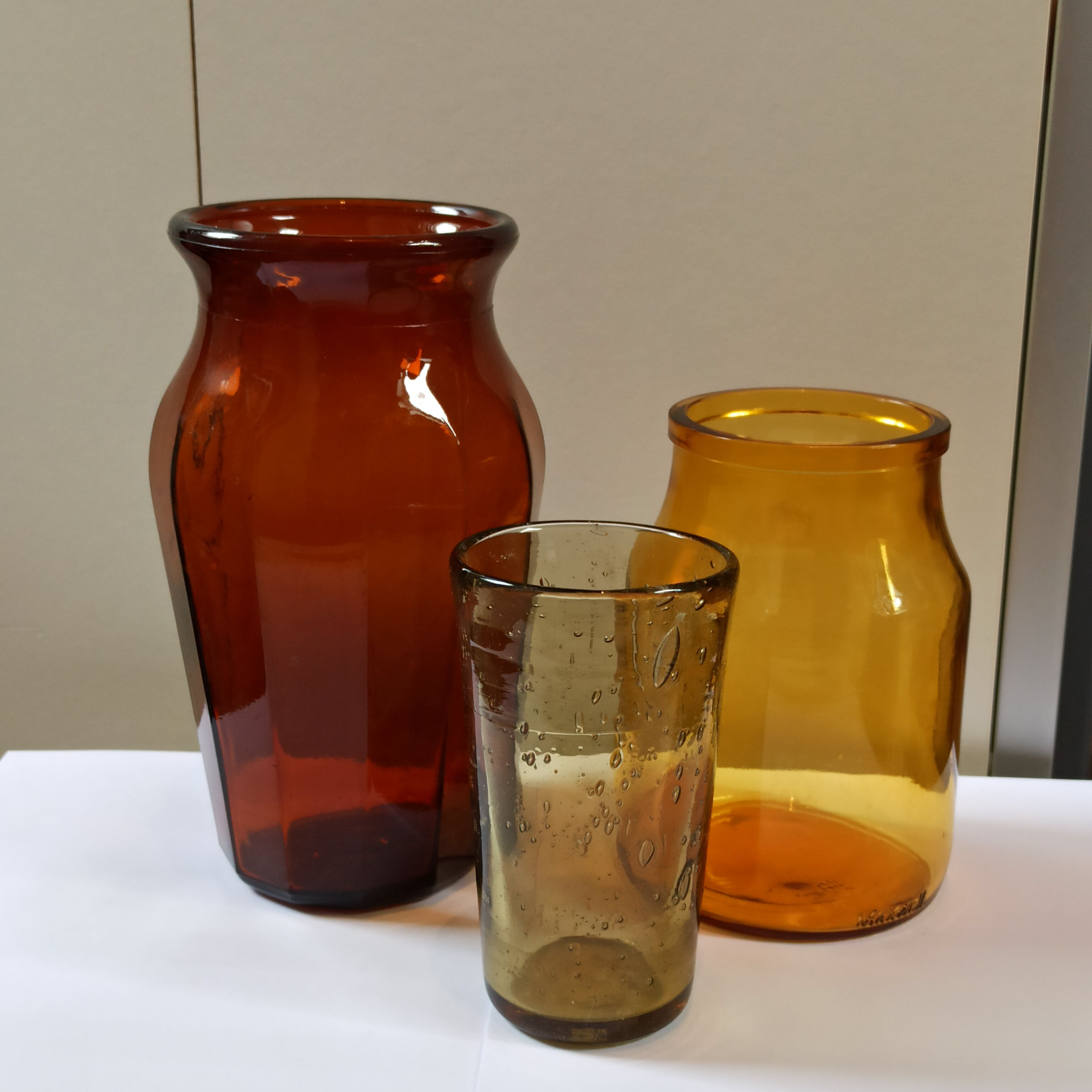 Trio amber vintage vase jar and bubbled glass