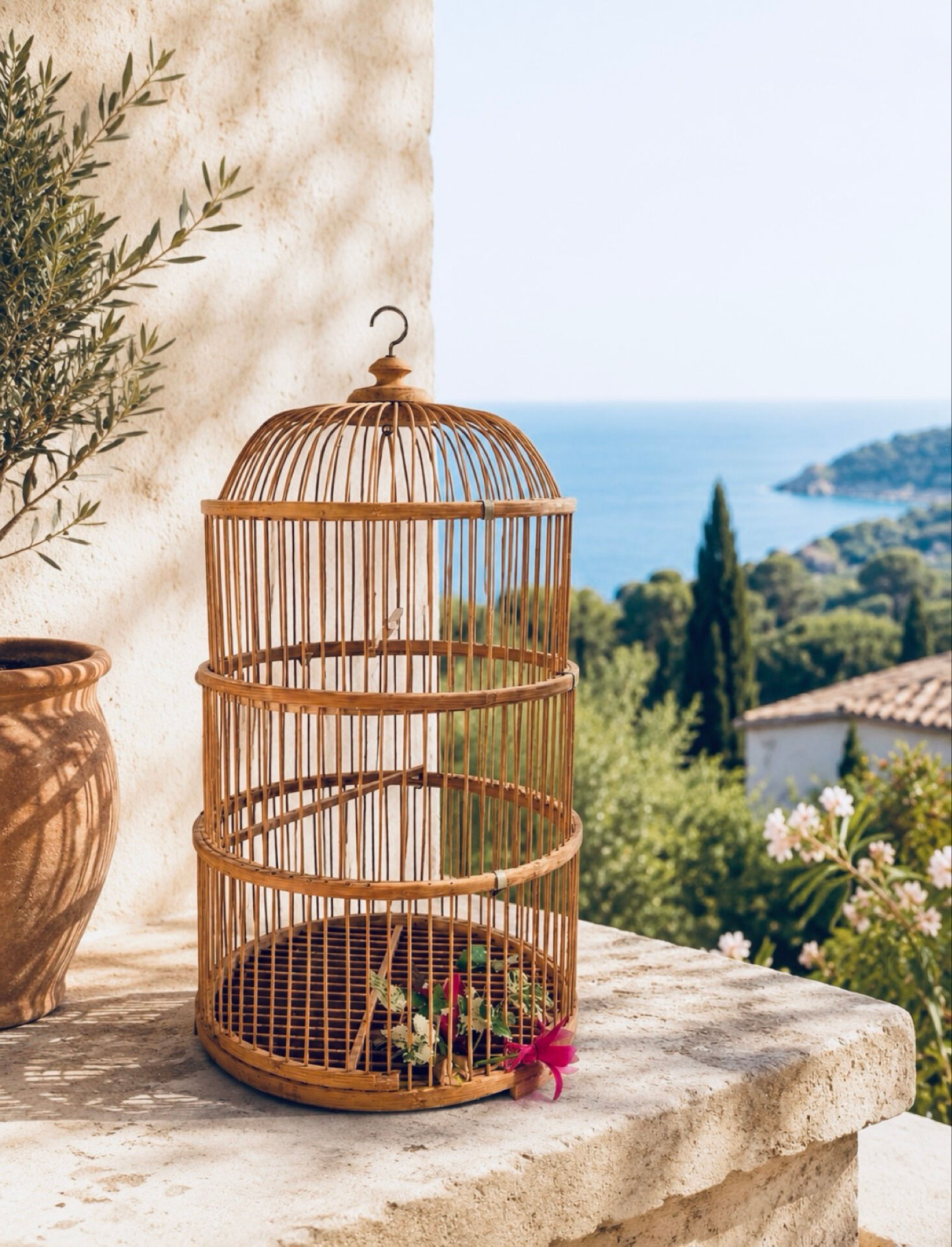 Large bamboo and rattan birdcage from the 1970s.